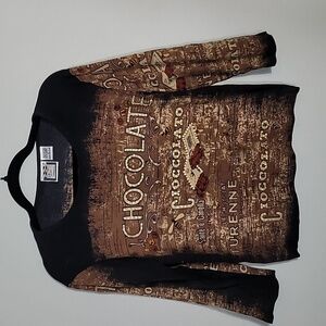 Vintage Take Two Chocolate Print Shirt Top Size M Brown 3/4 Sleeve Art Novelty